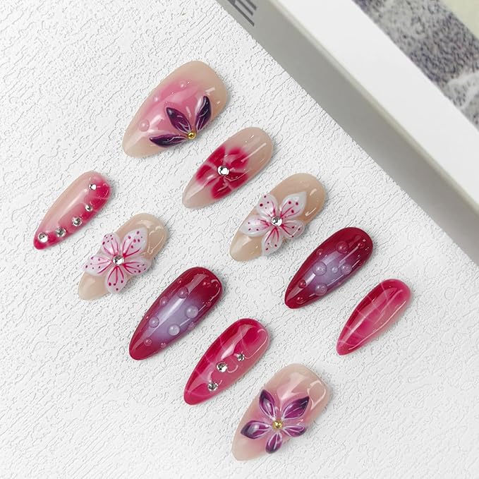 2025 Crimson Bloom Red Gradient Floral Press-On Nails Handmade PMMA Acrylic Reusable Tips with Box Gifts for Women (Crimson Bloom, M)