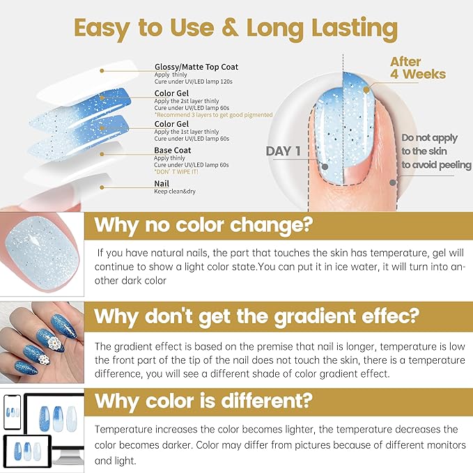 YTD Likomey Color Changing Gel Nail Polish,15ml Silver To Light Blue Glitter Mood Temperature Change Colors Ombre Thermal Salon Home Fall Winter Manicure UV Nails Varnish,WB05