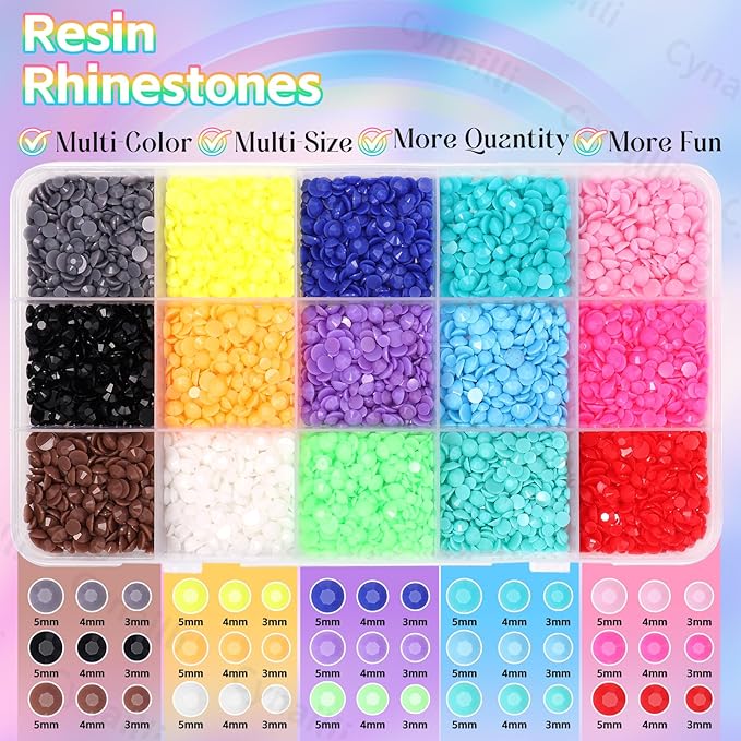 15 Grids Resin Rhinestones for Crafting, Rainbow Colors Bedazzling Gems Kit, Black Red Pink Blue Purple Orange Color Jelly Resin Rhinestones for Nails Face Eyes Makeup Crafts Tumblers Bottles