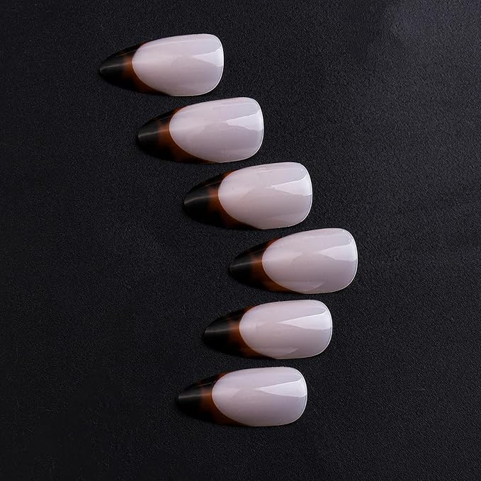 Fall Press on Nails Medium Almond MABKJLF French Tip Fake Nails False Nails with Leopard Print Designs Glossy Glue on Nail Autumn Full Cover Acrylic Nails for Women Girls 24Pcs