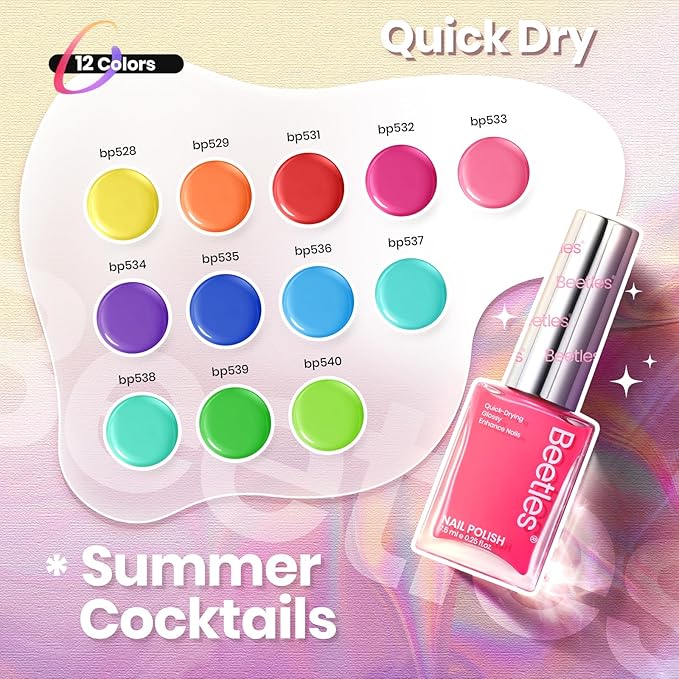 Beetles Neon Nail Polish Set - Quick Dry Nail Polish Kit 12 Colors Hot Pink Green Blue Yellow Red Regular Air Dry Fingernail Polish Pack for Women Valentines Gift Beetles Cocktails 12 Colors