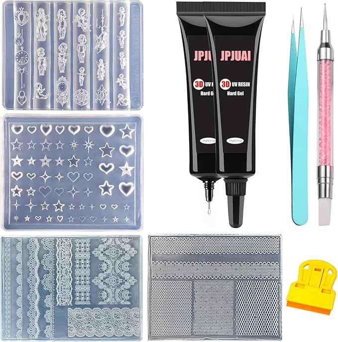 3D Nail Art Mold Kit- 4 Reusable Silicone Nail Molds, 2×15g Clear Hard Nail Art Gel, Sculpting Pen & Tools, Salon-Grade DIY Press On Nail Design for 3D Nail Charms