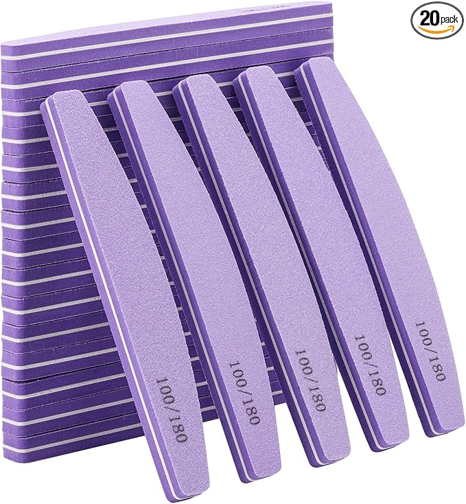 20 Pack Nail Buffer 100/180 Grit Washable Double Sided Nail Sanding Block File for Acrylic Natural Gel Nails, Purple