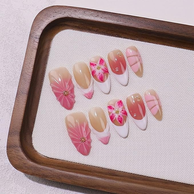10 Pcs Handmade Press on Nails with Glue,Luxury Almond False Nails with 5D Tropical Flower Design Pink Reusable Acrylic Nails Handmade Nail Muti-Layer Gel Thick False Nails for Women(Size S)