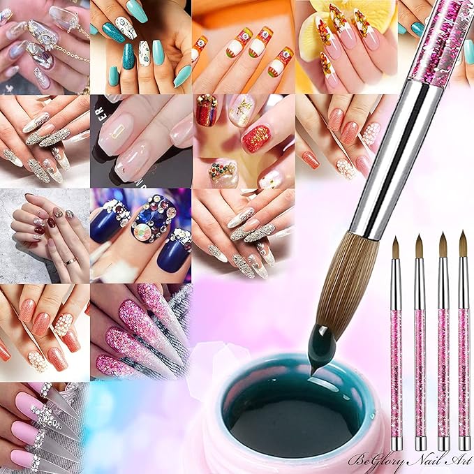 Acrylic Nail Brush Set, 4PCS Acrylic Nail Brushes Professional Nail Brush for Acrylic Application 3D Nail Carving DIY Acrylic Powder Brushes Liquid Glitter Nail Art Brush Size #8#10#12#14 (Pink)