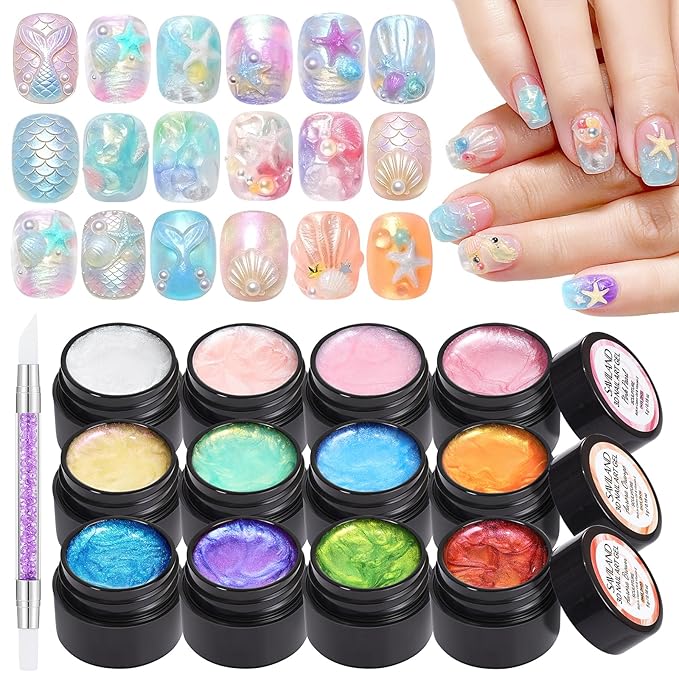 SAVILAND 3D Sculpture Gel Set: 12 No-Wipe Satin Luster 3D Sculpting Gel for Nail Art Non-Sticky Hand Carving Molding Gels with Dual-Tipped Silicone Pen for Nail Art Design, DIY Home Manicure, 5g Each