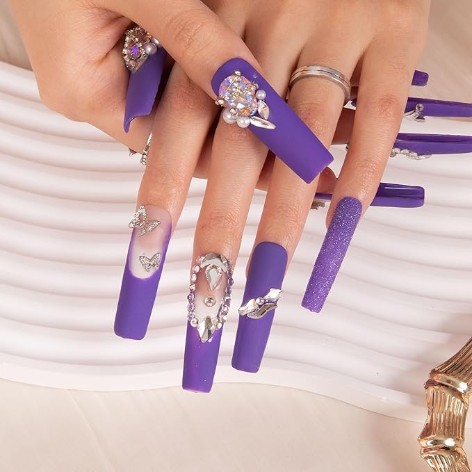 LOVFUL Press on Nails Mystique Veil Purple| Handmade with Full Covered Crystals| Reusable Fake Nails| Square Mid length 1.7in| H108-S