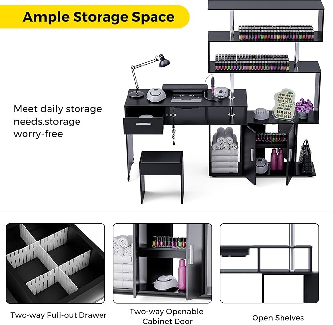 Manicure Table Nail Desk with Stool, Rotating L-Shaped Nail Tech Desk with Dust Collector, Two-Way Drawer, Cabinet & Storage Shelves, Reversible Manicure Workstation on Wheels (Black)