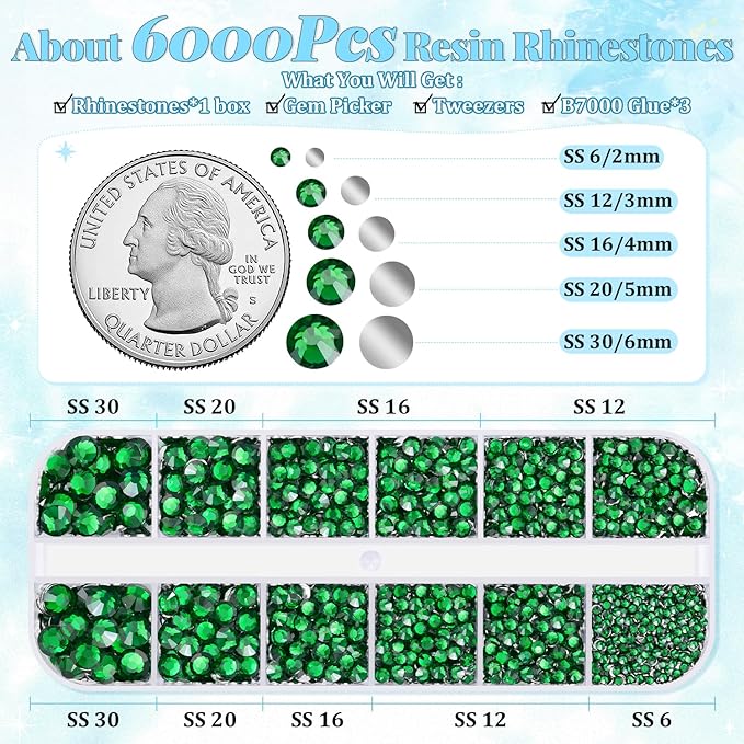 6000Pcs Resin Rhinestones for Bedazzling with 3Pcs B7000 Jewelry Glue, 1 Box Emerald Green Flatback Rhinestones for Crafting Crafts DIY, Crystals Gems for Clothing Shoes Tumblers Nail Art Makeup