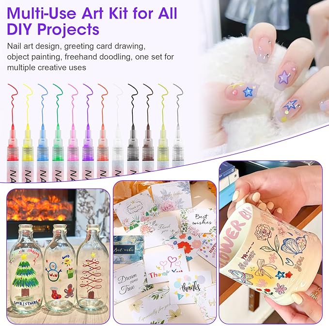 Pintada 12-Color 0.7mm Fine Tip Nail Art Pen Set with 13 Sheets Nail Stickers - Waterproof Quick-Drying Nail Art Markers for DIY Nail Design, Greeting Cards, Object Painting, Holiday Doodling