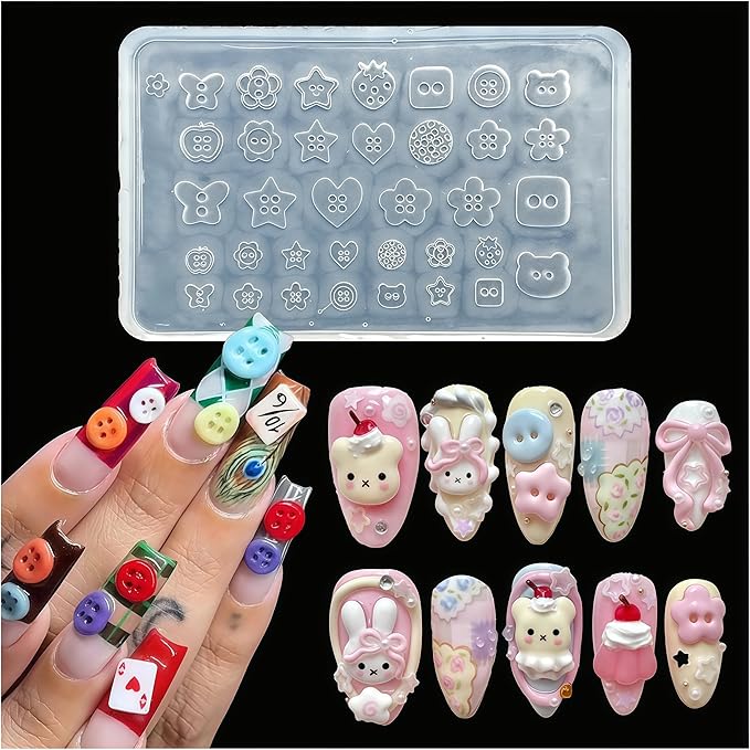 3D Buttons Gel Nail Art Mold Silicone Tools Nails Women DIY Manicure Design Multiple Shapes Button Small Model Resin Buckle Gel Molds for Accessories Supplies