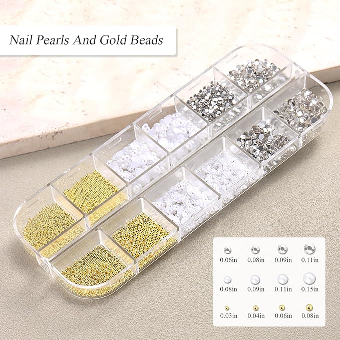 Nail Gems and Rhinestones Kit, White Nail Pearls Flatback Rhinestones Bedazzling Diamond Rainbow Crystal Jewels,Gold Beads for Nails, Nail Art Accessories Decoration with Picker Tools