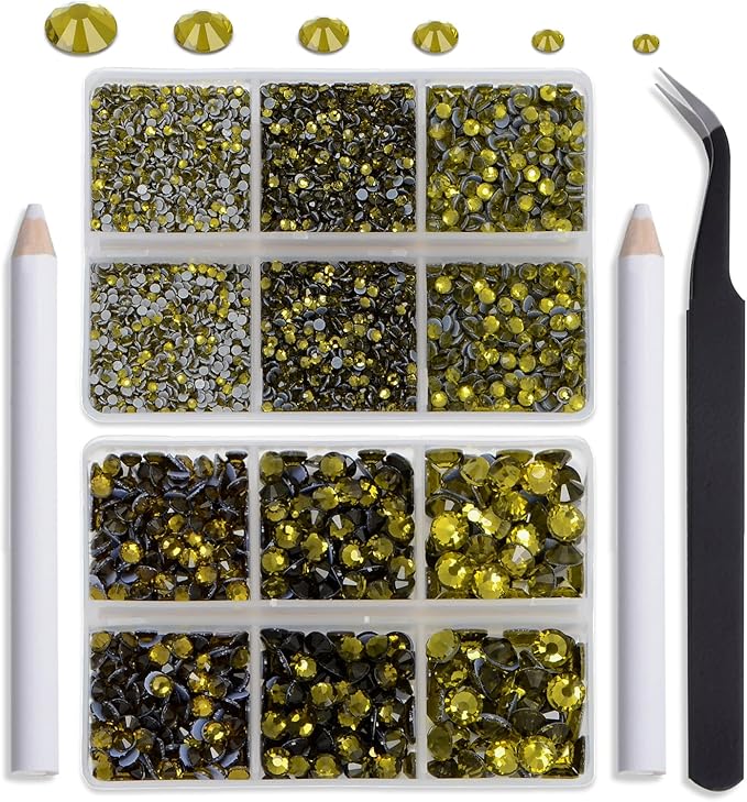 NCB Hotfix Iron on 8000pcs Crystal Rhinestones Round Gem for Crafts Decoration DIY Jewelry Making with a Tweezers and 2 Picking pens (Olivine, 6Sizes SS4-SS30)