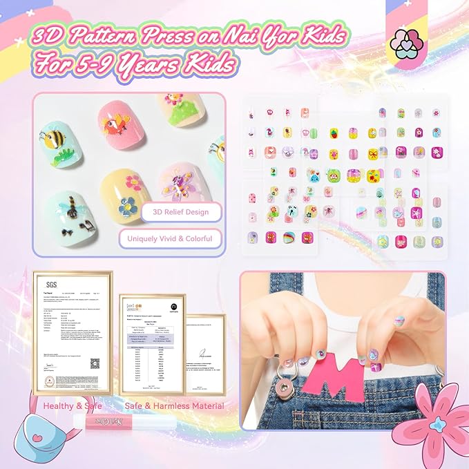 SAVILAND 3D Press on Nails for Kids: 7 Pack Kid Press on Nails for 5-9 Years Pre Glue Full Cover Short Kids Fake Nails Stick On Children Artificial False Nail Tips Fingernails Christmas Gifts for Kid