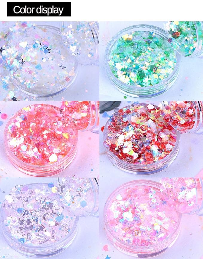 Nail Flat Diamond Sequins Stars Moon Heart Shaped Mixed Glitter Super Bright Colorful Eye Makeup High Bottle 12PCS