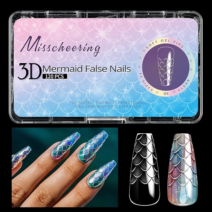 3D Diamond Shaped Polygel Nail, Extension Clear Full Cover False Nail Tips, Hybrid Gel Acrylic Nail, Diamond Fake Nails, 14 Sizes Building Artificial Press on Nail (Fish Scales 3, 120pcs)