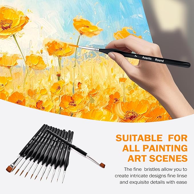 Miniature Brush Dry Brushes, Aoartix 15 Pcs Model Brush Set for Acrylic Oil Watercolor Face, Detail Dry PaintBrushes for Models Miniatures Digital Small Crafts Painting Supplies- Triangular Handles