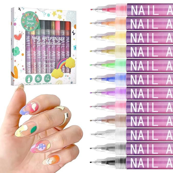 12 Colors Nail Art Pens Set for Girls,Quick Dry Nails Doodle Pens for Girls,Nails Art Marker Pen Fine Tip for Home Salon Nail Art（0.5mm Pen Nib）