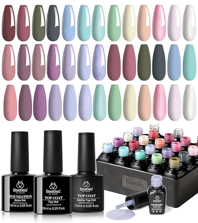 beetles Gel Polish Set – Healing Elixir 20 Colors Gel Nail Polish Kit, Pink Blue White Green Pearl with Base Coat Matte Glossy Top Coat for DIY Manicure Gift for Women