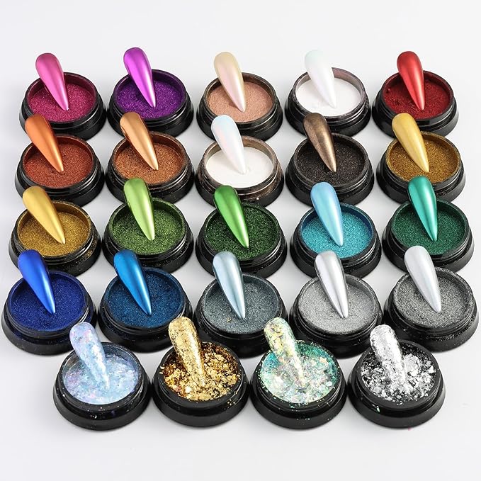 Chrome Nail Powder Set 24 Colors, Mirror Effect Gold Silver Chrome Glitter Powder White Pearl Chrome Powder Iridescent Pigment for Nails Opal Flakes Gold Leaf for Nail Art Decoration