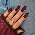 KQueenest Marron Red Press on Nails Long Medium Square, Burgundy Red Fake Nails Medium Coffin, Glossy Opaque Color Acrylic Nails Press ons, Reusable Dark Soft Gel Glue on Nails for Women Fall Winter