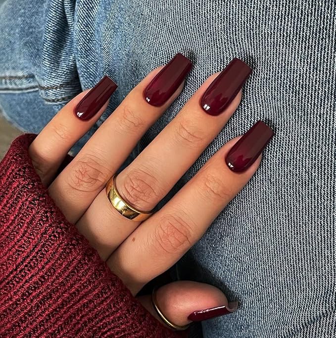 KQueenest Marron Red Press on Nails Long Medium Square, Burgundy Red Fake Nails Medium Coffin, Glossy Opaque Color Acrylic Nails Press ons, Reusable Dark Soft Gel Glue on Nails for Women Fall Winter