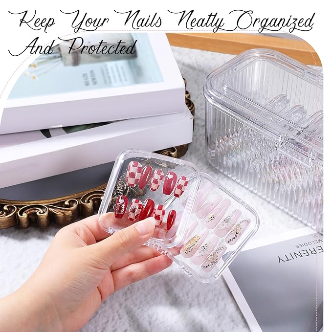 Press On Nail Packaging Box 14 PCS Clear Press On Nail Storage Boxes and 1 Big Storage Box with 54 Pcs Adhesive Double Sided Tape, Acrylic Nails Display Case Independent Packaging Dustproof