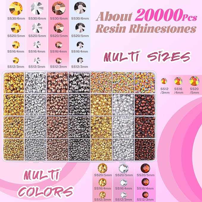 20000Pcs Metallic Rhinestones for Bedazzling with B7000 Jewelry Glue, Resin Rhinestones for Crafting Crafts DIY, Bedazzler Kit Gems for Clothing Shoes Tumblers Fabric Nail Art Assorted Size 3/4/5/6mm