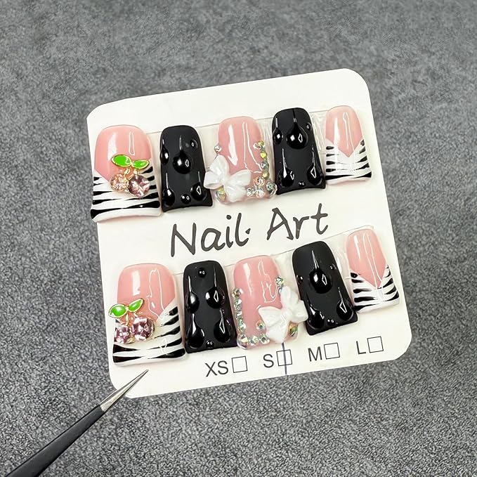 Duck Press on Nails Short Handmade 3D Flower & Cherry Fake Nails Muti-Layer Gel Thick Acrylic Nail Stripe French Tip False Nails with Designs Rhinestones Glossy Black Stick on Nail for Women（S）