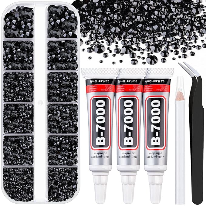 Resin Black Rhinestones for Bedazzling with B7000 Jewelry Glue, 1 Box Flatback Crystals with 3Pcs 10ml Glue for Crafting, Gems for Nail Art Makeup