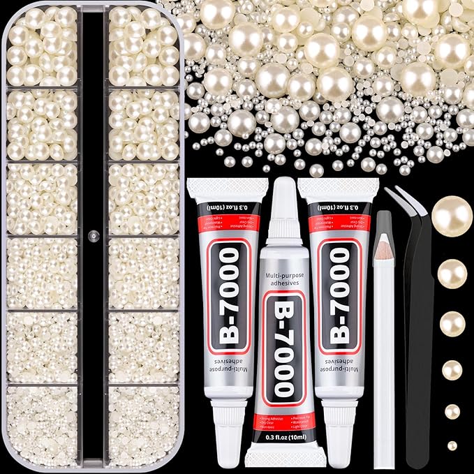 Flatback Pearls for Crafting with 3Pcs 10ml B7000 Jewelry Glue, 1 Box of Half Round Beige Pearls, Bedazzling Beads for DIY Crafts Clothing Tumblers Shoes Embellishment Nail Art