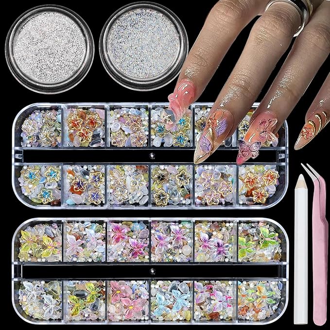 Rhinestones for Nails Butterfly Nail Charms 3D Flower for Nails Mixed Assorted Color Butterflies Flower Shape Design Gems Jewelry Accessories for Women DIY Manicure Supplies Decorations.