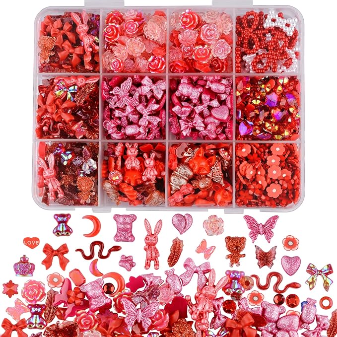 850 Pieces 3D Butterfly Rose Flower Bow Rabbit Bear Nail Charms Kit with Nail Art Rhinestones Pearls Crystal Gems Nail Slices for Manicure DIY Crafts Jewelry Accessories (Red)