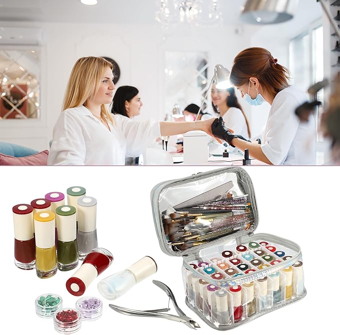 VOCOSTE Nail Bag, Carrying Case Holds 35 Bottles, Art Set Organizer, Travel Storage for Nail Polish, Silver Tone