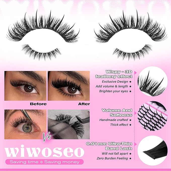 wiwoseo Bottom Lash Clusters with Spikes Lash Clusters Kit Mega Volume Lash Spikes Cluster Eyelash Extensions Kit Fairy Eyelash Clusters Spiky Cluster Lashes Clusters with Clear Lash Bond and Seal