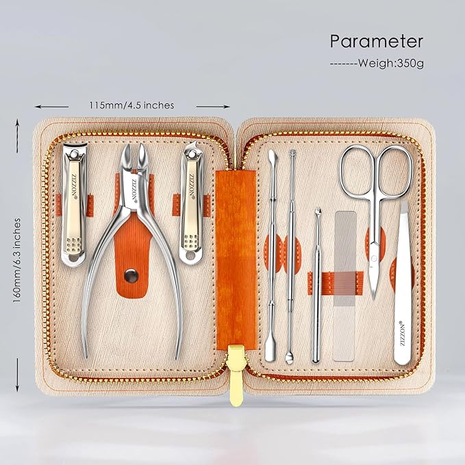 ZIZZON Manicure Set Professional Stainless Steel Toenail and Fingernail Clippers Set 9 in1 Pedicure and Grooming kit with Travel Case (Orange)