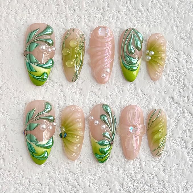 Luxury Press On Nails Medium Almond Handmade 3D Unique Reusable ABS Material False Nails Green with Designs Pearls Floral Art Petal Glossy Glue on Nails Thick Acrylic Nails (10 Pieces, 1 Set)