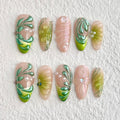 Luxury Press On Nails Medium Almond Handmade 3D Unique Reusable ABS Material False Nails Green with Designs Pearls Floral Art Petal Glossy Glue on Nails Thick Acrylic Nails (10 Pieces, 1 Set)