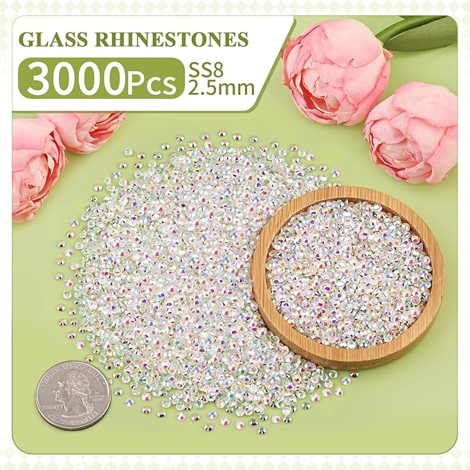 3000PCS SS8/2.5mm Crystal Rhinestones (Transparent AB), Bedazzling Flatback Glass Rhinestones for Crafting, Gems Diomand for Tumbler Shoes Clothing Mugs Nail Art