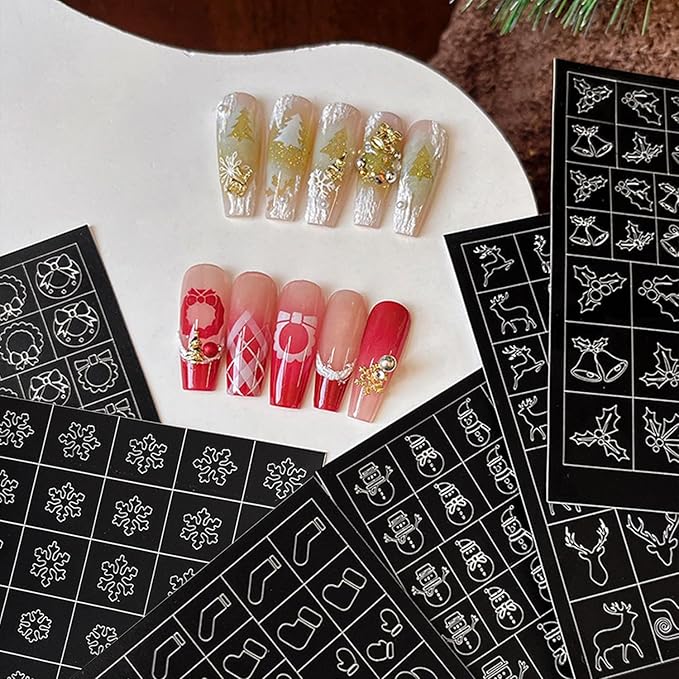 Christmas Nail Stickers Airbrush Stencils Stickers for Nail Art Self Adhesives with Snowman Snowflower Deer Bell Wreath Socks Designs Supplies Design Nail Guide for Manicure Nails Decoration 6 Sheets