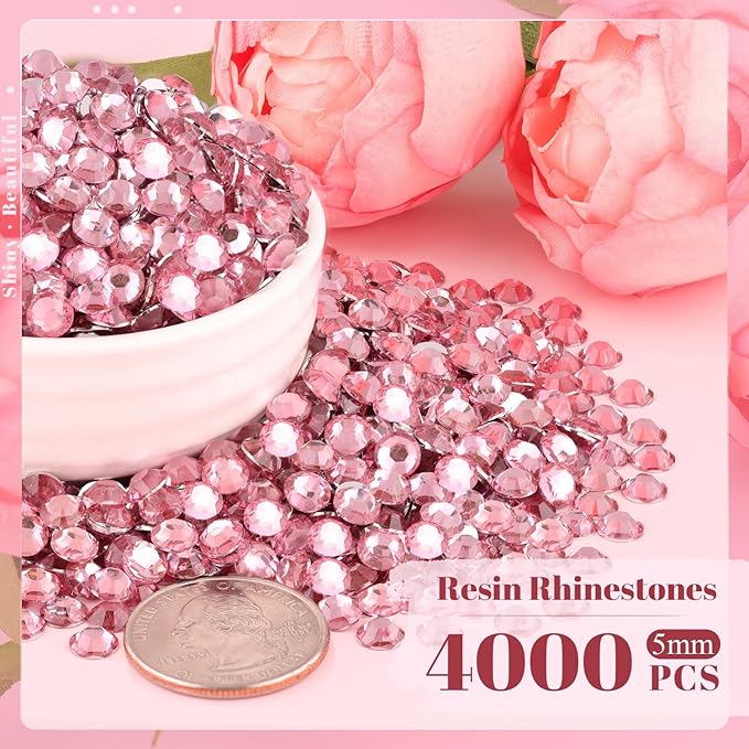 4000PCS 5mm Resin Rhinestones Bulk for Crafting (Dark Pink), Flatback Bedazzling Crystals for Crafts DIY Nail Decoration, Gems Charms for Tumbler Shoes Clothing Fabric with Pickup Pen and Tweezers