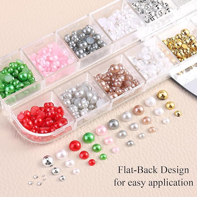 3D Nail Art Pearls and Beads Set, Colorful Half-Round Gems & Rhinestones, Mix Sizes Gold Beads for Nails, Christmas Nail Decorations Accessories DIY Manicure Supplies with Picker Tools