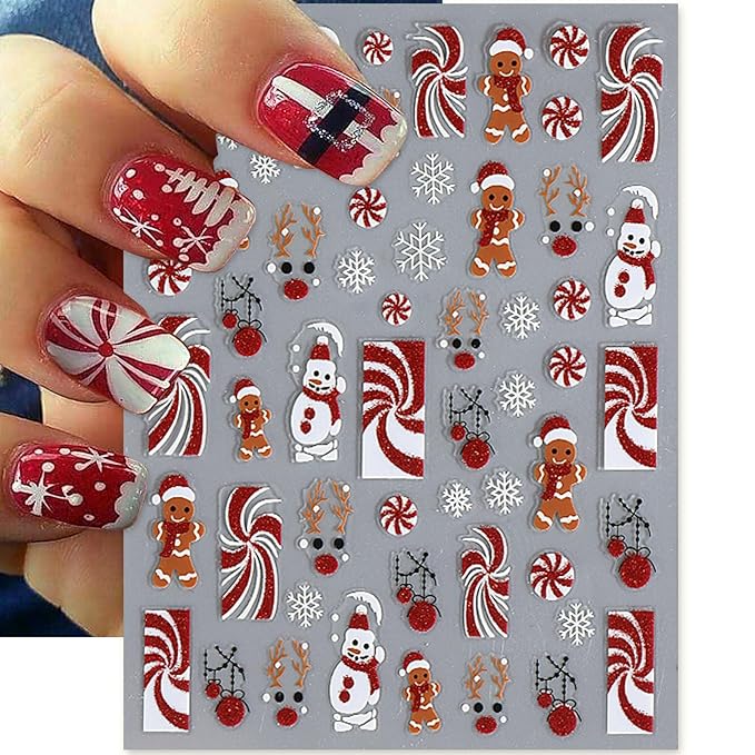 Christmas Nail Art Stickers, Self-Adhesive Green Santa Hat Snowflake Elk Xmas Tree Design for Holiday Nail Decals, Pegatinas Uñas Navidad DIY Decorations (6 Sheets)