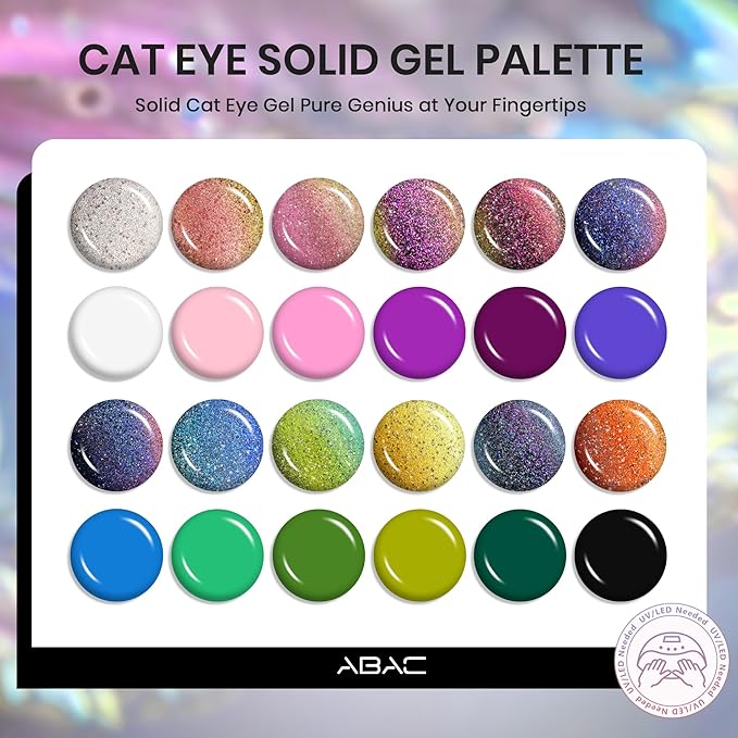 ABAC Solid Gel Cat Eye Polish Set,24 Colors Magnetic Nail Gel Winter Shades with Glitter,No-Drip Cat Eye Gel Polish Kit for Stunning Magnetic Effect
