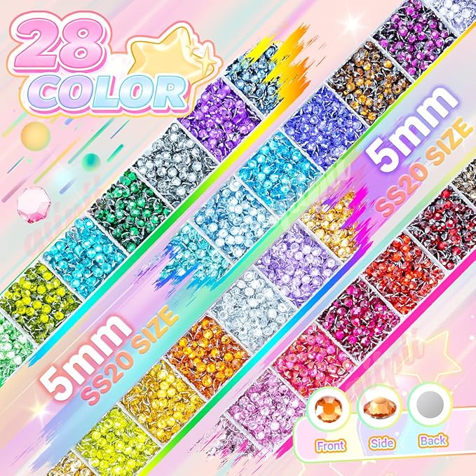 28 Color 5mm Crystal Resin Rhinestones w B7000 Glue for Bedazzling Crafting Flatback Colorful SS20 Stones Crystals Gems Diamonds Bedaazler Kit for Nails Eyes Face Makeup Tumblers Bottles Crafts