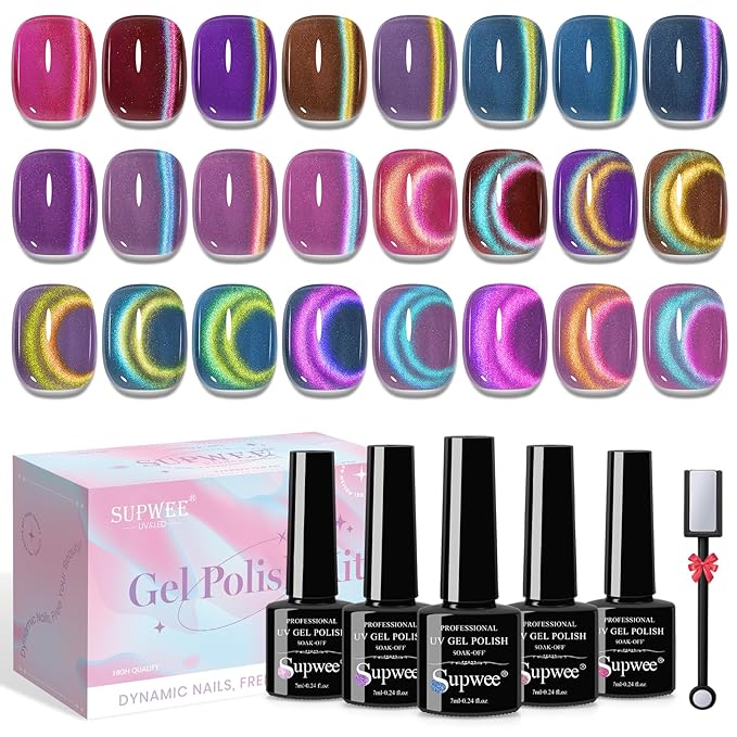 Magnetic Nail Polish Gel, 12 Colors Cat Eye Gel Nail Polish Set with Magnet, High Glossy, UV Lamp Cure, Vegan, Non Toxic, Long Lasting, 0.24fl oz