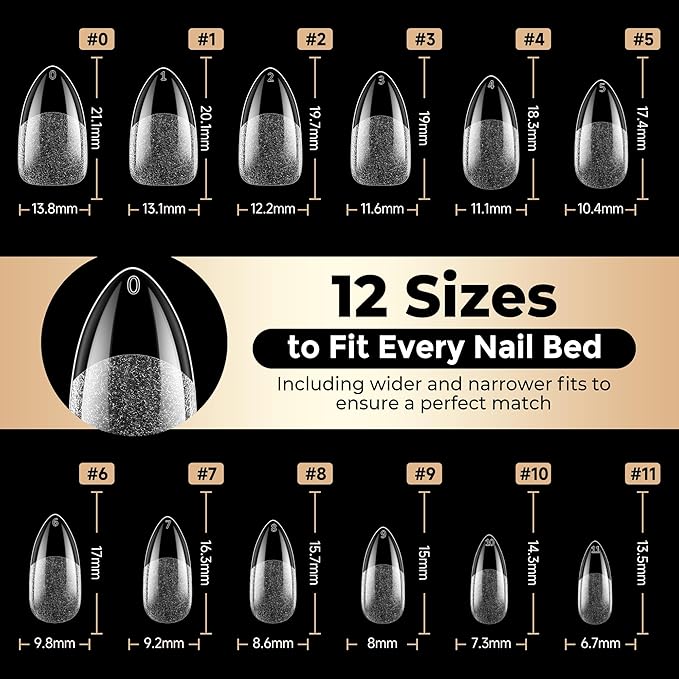 Almond Nail Tips: 504pcs Medium Almond Gel Nail Tips, Pre-shape Half Matte Short Nails Full Cover Clear Press On Acrylic Fake Nails for Nail Extension Nail Art 12 Sizes