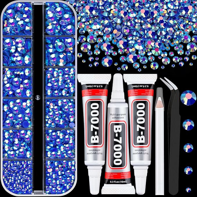 Resin Rhinestones for Crafting with 3Pcs 10ml B7000 Jewelry Glue, 1 Box Dark Blue AB Flatback Gems Crystals Diamond for Bedazzling Crafts DIY Nail Art Makeup, Gems for Clothing Tumblers Shoes