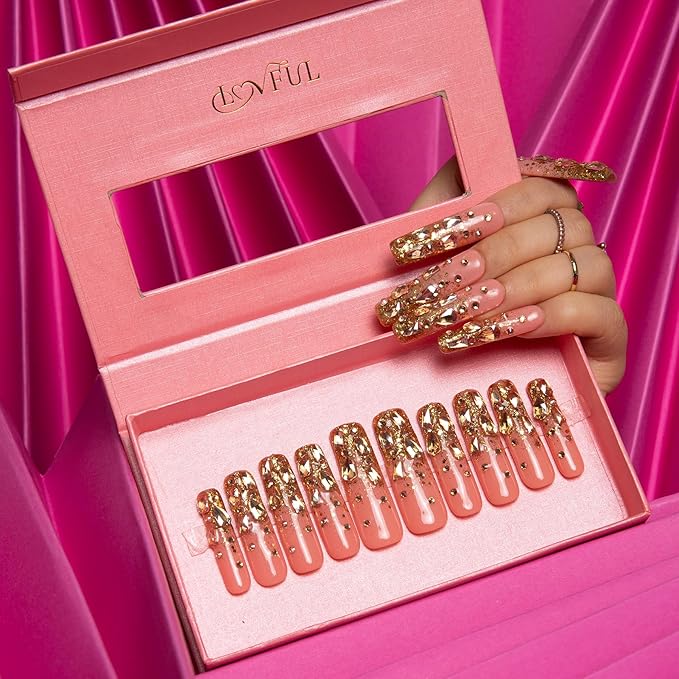 LOVFUL Press on Nails Stardust Gold Rhinestone | Handmade with Full Covered Crystals | Reusable Fake Nails | Square Mid length 1.7in | H84-M