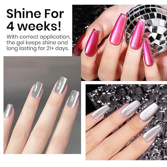 MIZHSE Cat Eye Gel Nail Polish, 12mL Silver Cateye Gel Polish Glitter Moonlight Cat Eye Effect Soak Off U V LED Gel Polish for Nail Art Manicure Salon Home DIY